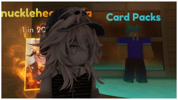 Feature image for our Anime Card Battle packs guide which shows a close-up of my avatar who is standing facing away from the camera and car packs npc behind her