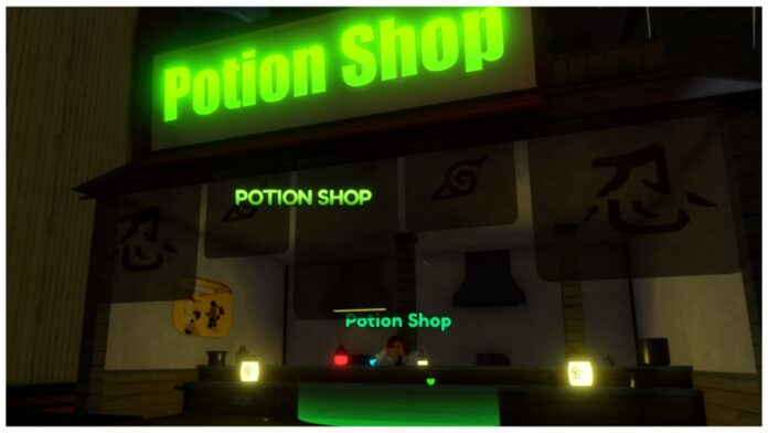 Feature image for our anime card battle potions guide showing the potion shop in-game at night which has an npc leaning on the counter and a green glowing neon sign at the top