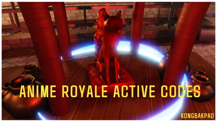 Feature image for our Anime Royale Codes guide which shows a red fox statue under a shrine with a swirling white circle around its radius. In yellow the image reads ANIME ROYALE ACTIVE CODES