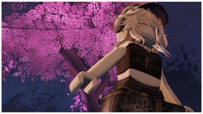 Feature image for our Anime Royale Mythic tier list showing a bottom-up view of my avatar at night time stood before a bright pink cherry blossom tree