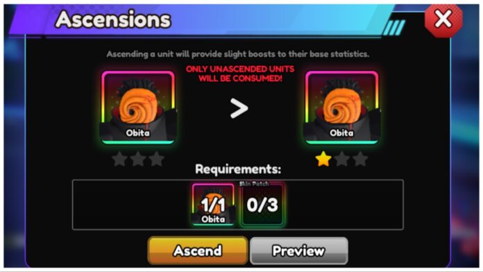 Feature image for our Anime Vanguards Ascension guide showing the ascension popup window with an obito unit inside and his listed requirements to complete the process