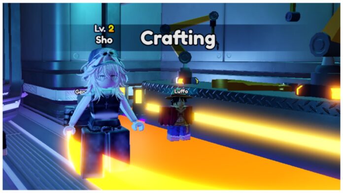 Feature image for our Anime Vanguards essences guide showing my avatar who is a pale white with a confused expression standing at the crafting workshop within the game