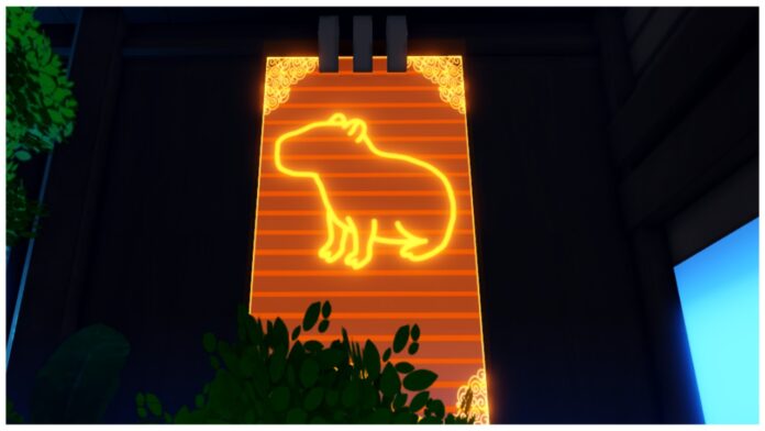 Feature image for our Anime Vanguards Meta unit guide showing an LED capybara in orange against a long panel stretching up a building at night time