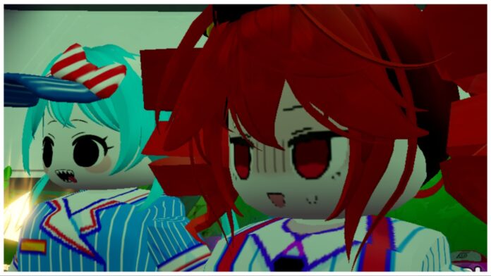 Feature image for our Anime Vanguards mounts guide showing a close-up shot of two players cosplaying the mesmerizer miku and teto inside the game lobby