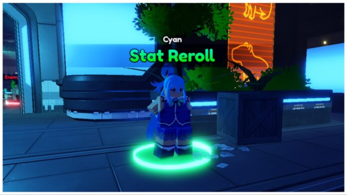 Feature image for our Anime Vanguards Stat Reroll guide showing the cyan npc who has a green textbox above her head reading 