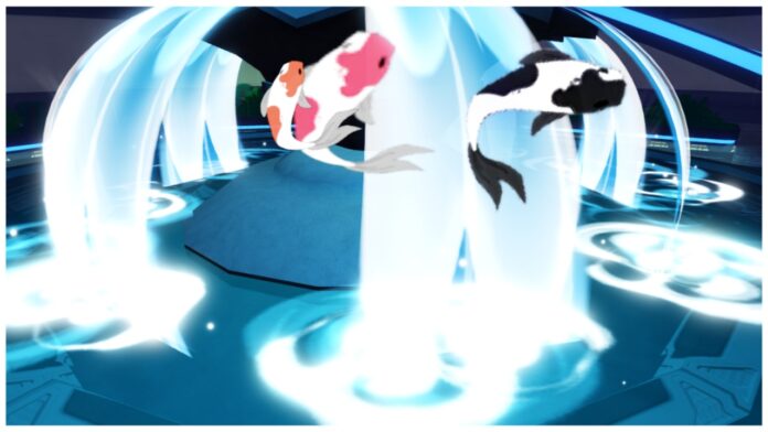 Feature image for our Anime Vanguards tier list showing a waterfall with png's of various koi fish leaping in and out of the running blue water