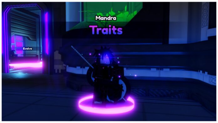 Feature image for our Anime Vanguards traits guide showing the traits npc Mandra at nighttime with a purple radius circle around him