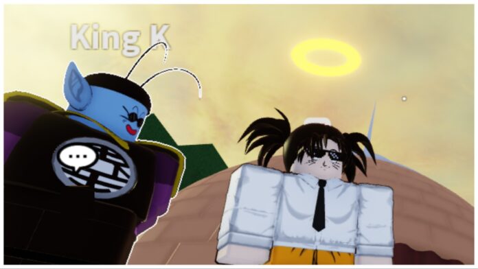 Feature image for our Dragon Soul Mentors guide showing King Kai looking towards my avatar who has a halo above her head and fun black sunglasses with a smirky face