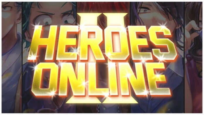 Feature image for our heroes online 2 codes guide showing the yellow logo for the game with a blurred art collage of characters from the series dimly behind the logo