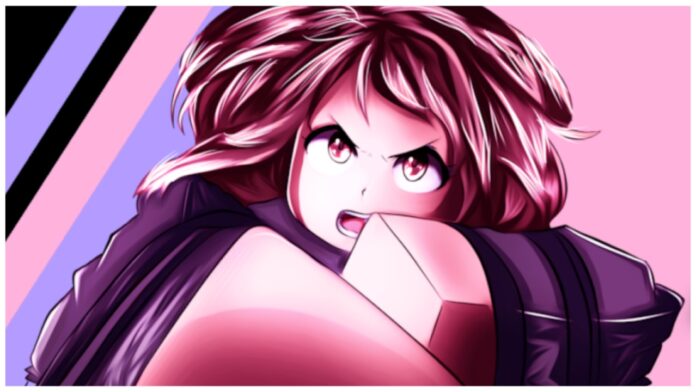 Feature image for our Heroes Online 2 tier list showing ochaco drawin in the roblox style with pink lighting as she looks towards the camera with her fists stretched close to the camera in a combat ready pose