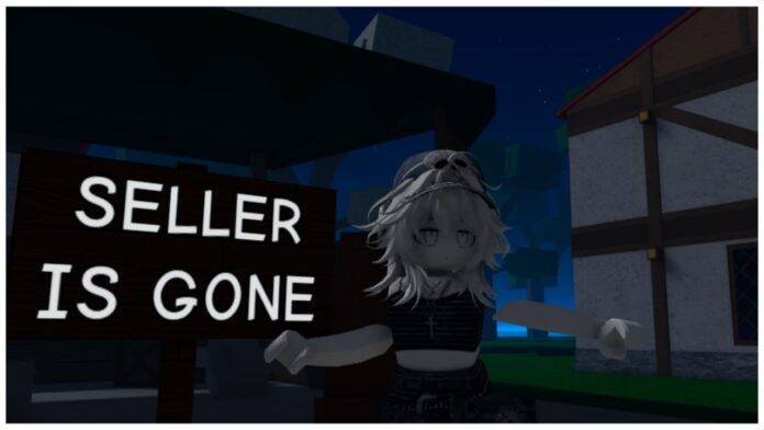 feature image for our ijul piece 2 hao haki guide showing my avatar who is pale white with white hair and a confused expression with her arms out to either side next to a sign post at night time which reads seller is gone