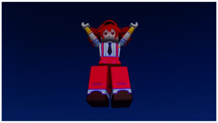 Feature image for our Ijul Piece 2 Stats guide showing a player cosplaying mesmerizer's kasane teto suspended in the air in a falling animation during nighttime with a deep blue starry sky behind her