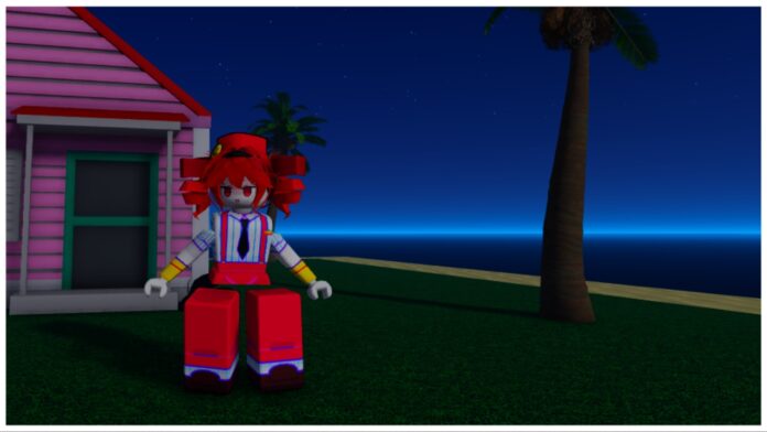 Feature image for our Ijul Piece 2 Trading value tier list showing a character cosplaying mesmerizer teto stood in front of the kame house at night time with a palm tree to her right and the small pink house to her left