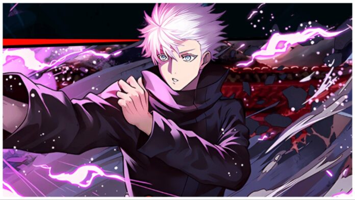 Feature image for our Jujutsu Awakening codes guide showing satoru gojo without his mask about to send off a hollow purple attack with one hand. His hair is being pushed back from the intensity of his attack which coats the canvas in a bright purple aura