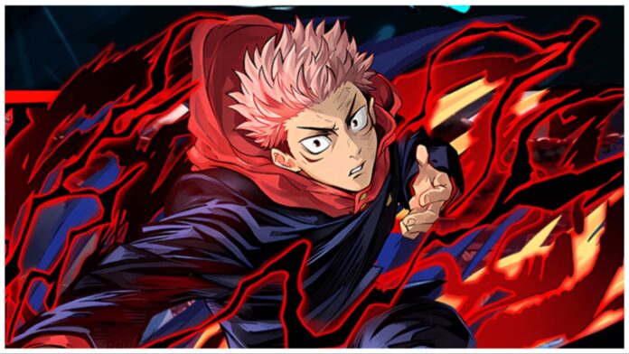 Feature image for our Jujutsu Awakening tier list showing Yuji, the main character with pink hair, in a lunging action pose as he clenches a fist with a determined expression with the essence of black flash surrounding his body