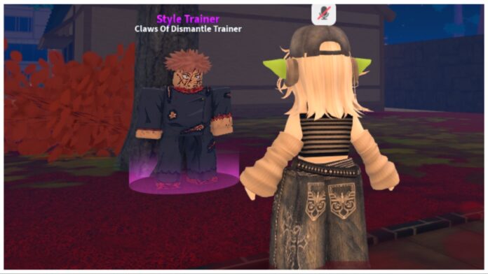 Feature image for our Jujutsu Piece claws of dismantle guide showing the back of my avatar as she looks towards the yuji npc who teaches this style