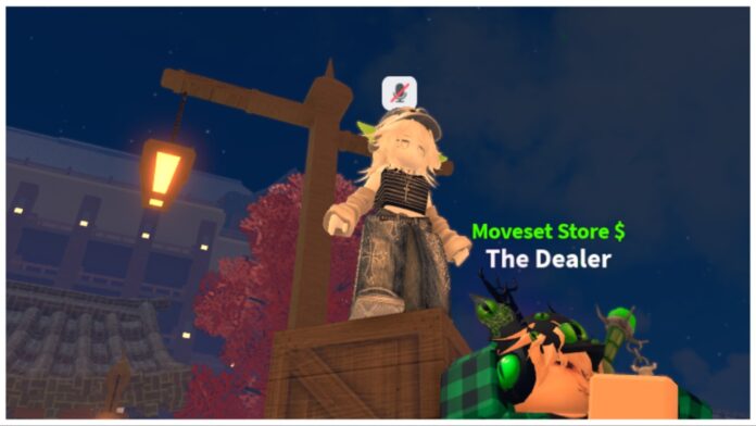 Feature image for our Jujutsu Piece Fruit guide which shows my avatar stood on some crates behind the dealer npc who is folding his arms and rocking from side to side during a dark black night