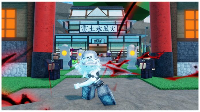 Feature image for our Jujutsu Tycoon Technique Tier List showing my avatar in an action stance facing the camera stood before an elaborate tycoon with a traditional japanese theme. Around the character is sparks of a black flash attack