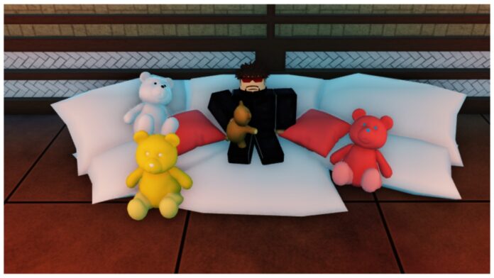 Feature image for our Jujutsu Tycoon Traits guide showing the traits npc sitting on a bed of white cushions surrounded by various colourful teddy bears