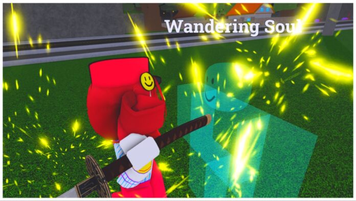 Feature image for our Lost Souls Races guide showing Kasane Teto in a roblox style holding the hilt of her sword to the head of a lost soul to purify and guide it back to where it belongs