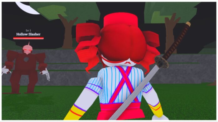 Feature image for our Lost Souls Arrancar guide showing the back of my players head who has red twin-tails and is dressed like kasane teto from the mesmerizer music video. In front of her on the grass is a Hollow Slasher NPC