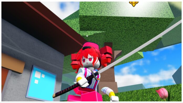 Feature image for our Lost Souls codes guide showing an avatar dressed as kasane teto holding a blade in front of her during daytime with a house slightly in frame to the left.