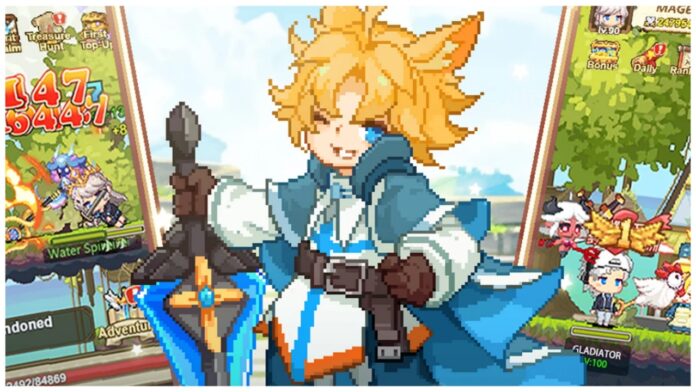 Feature image for our Maple Tale codes guide showing a pixel art styled blonde character with cat ears in blue and white armour winking towards the camera.