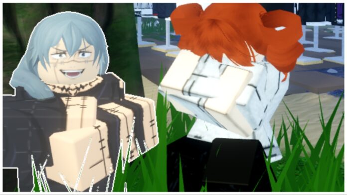 Feature image for our roblox sorcery clans guide showing the mahito npc folding his arms in front of him with a devious smile and my red-haired avatar stood next to him resting with her arms folded too