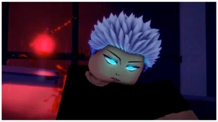 Feature image for our Roblox Sorcery Culling Games guide showing an up-close shot of gojo with a reversal red orb behind him. His blue eyes are glowing which stands out against the otherwise dim background