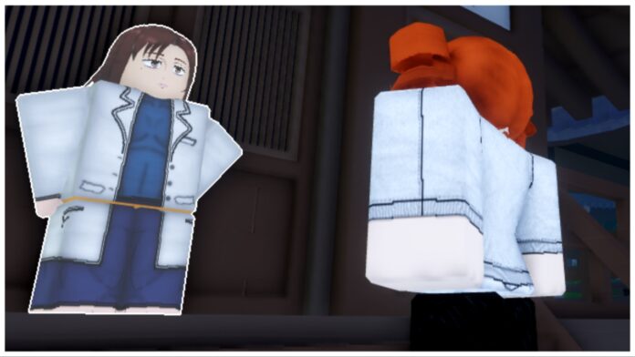 Feature image for our Roblox Sorcery Limb Dismemberment guide showing the back of my avatar who has red coiled twin pig-tails as she looks towards the shoko npc who is in a lab coat stood outside of a brown door