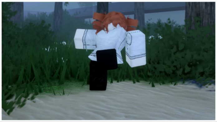 Feature image for our Roblox Sorcery Sukuna Finger guide showing a red-haired player in a white jumper stood amongst grass practicing their combat with a leg raised in the air in a kicking stance