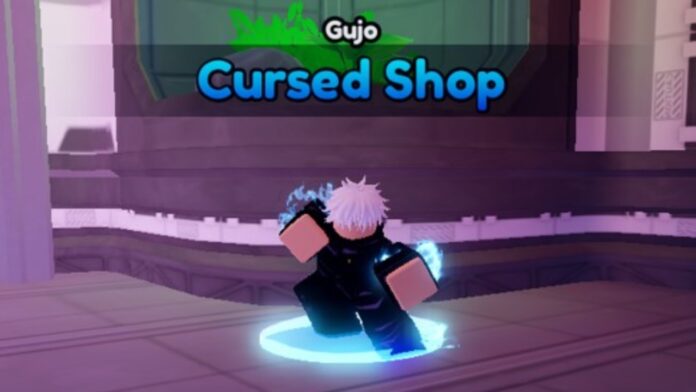 Feature image for our Anime Vanguards Cursed Shop guide. Image shows the Gujo NPC.