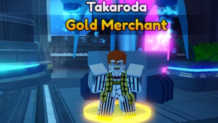 Feature image for our Anime Vanguards Gold Merchant guide. Image shows the Takaroda NPC.