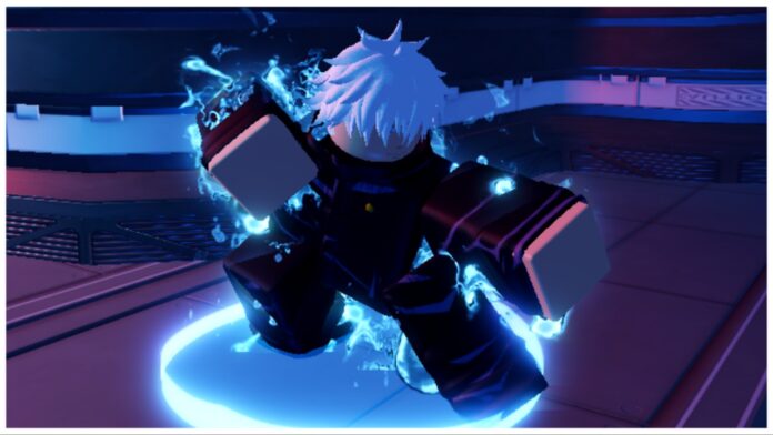 Feature image for our anime vanguards cursed finger guide showing an up-close of the new gojo store npc who is in an action pose with blue aura surrounding him