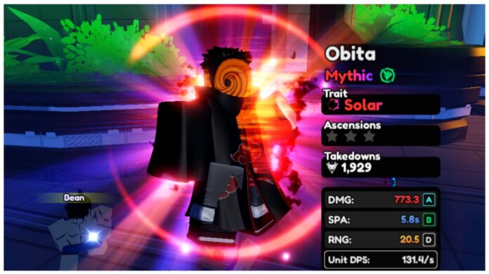 Feature image for our anime vanguards elements guide showing the preview of an obito unit which shows his stats and element. He has a swirling pink aura behind him from his applied trait.