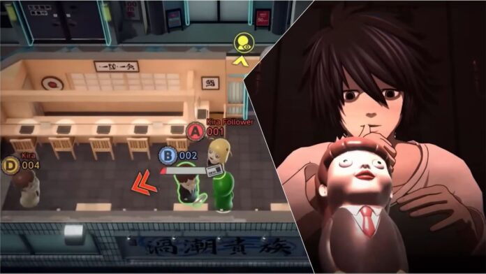 Screenshots from the trailer for Death Note Killer Within. On the right is a 3D model of L biting his thumb and looking at a chess piece. On the left is a screenshot of gameplay as Kira and a follower wander into a restaurant to approach 2 other chess pieces.