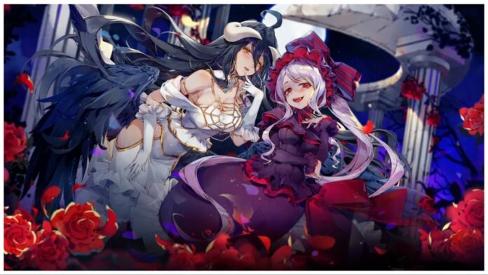 Feature image for our lord of nazarick reroll guide showing two characters leaning into one another with a smile inside a rose garden at night time