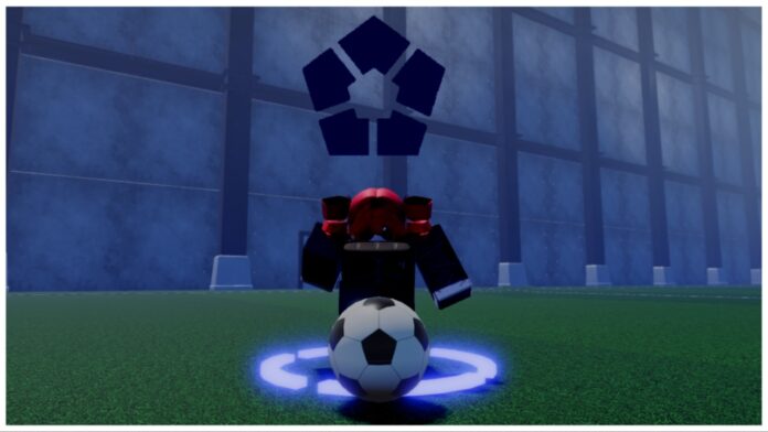 Feature image for our roblox skillful talents guide showing a player in blue uniform running towards the camera with a ball. The player has a baguette in her mouth and red hair in a drill-like pigtails in the same style as kasane teto