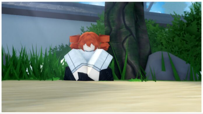 Feature image for our Roblox Sorcery Domain Expansion Tier list showing a character in a plain white sweater sitting cross-legged in front of a tree. She has a neutral expression and red drill-like pigtails similar to Kasane Teto