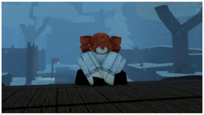 Feature image for our Roblox Sorcery Missions guide showing a character in a white sweater with her legs crossed and arms rested in front of her on a bridge in the snowy village