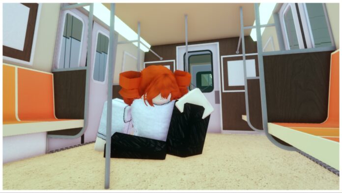 Feature image for our sorcery npc locations guide showing my avatar sitting on a train with beige interior. She has a hand on her knee and head bobbed down a little. Her hair is in red twin-tails that coil to look like drills.