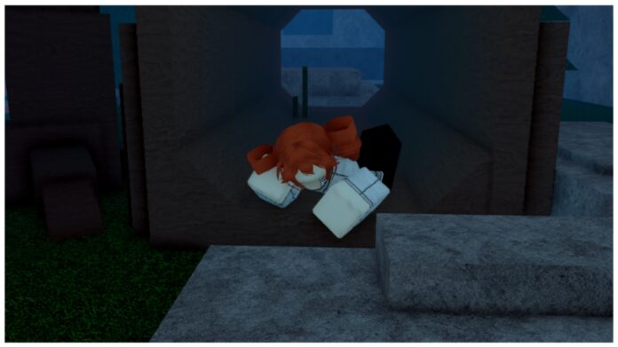 Feature image for our roblox sorcery shrine guide showing my avatar lay in a hollowed log with her head resting on a hand during a dark and rainy night