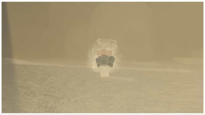 Feature image for our Roblox Sorcery Simple Domain guide showing my red-haired character in the violent sandy dunes in greyscale with a white wispy aura coating her body