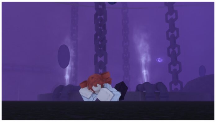 Feature image for our Roblox sorcery void key guide showing a player with red hair lay on her stomach resting her head in her hands in the purple tunnel in front of the chains gate to the void area