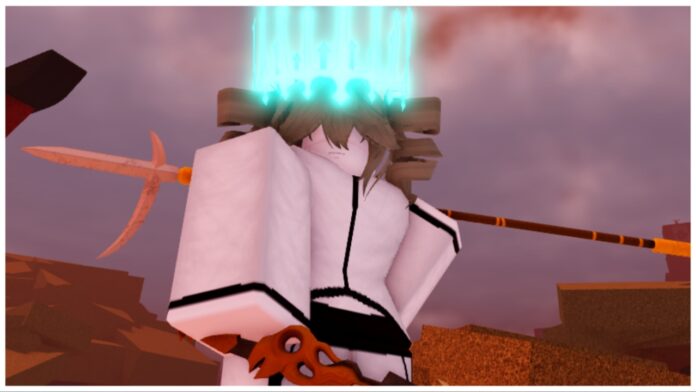 Feature image for our Type Soul Frisky guide showing a player with a blue crown on their head and a javelin like blade behind them and a normal blade held in front of their body