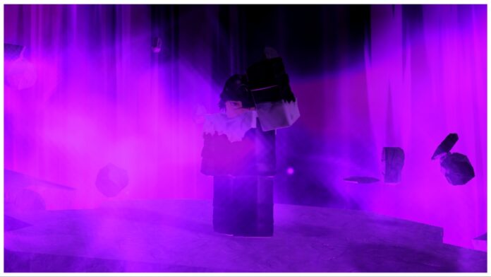 Feature image for our type soul halloween codes guide showing a purple screen with floating rocks and a character with dark hair in the middle with an arm raised to control the boulders