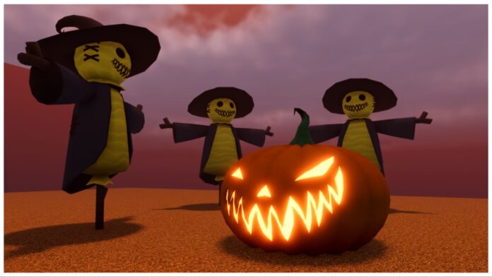 Feature image for our type soul kisukes boss elixir guide showing a pumpkin with a carved jagged face in an evil smile glowing in the middle of three scarecrows that are crowding the pumpkin