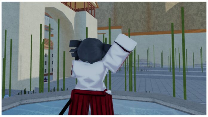 Feature image for our type soul vizard tier list showing the back of a soul reaper player who is wearing the basic outfit. She has an arm in the air in a small dance atop a fountain