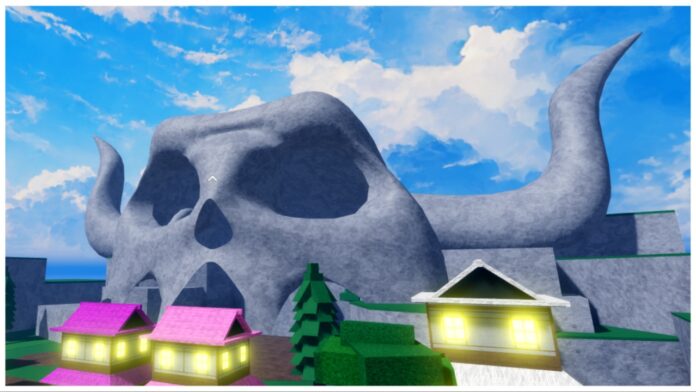 Feature image for our verse piece accessories guide showing the skull island centrepiece being a large stony skull with horns with illuminated homes in front of it. Very onigashima insipred.