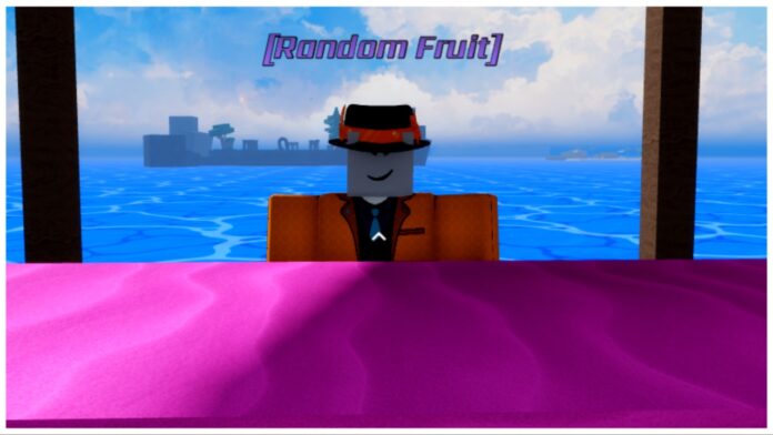 Feature image for our verse piece fruits guide showing the fruit merchant behind his pink stall with the open sea behind him on a clear blue sky day